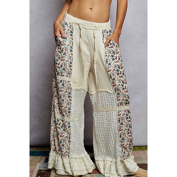 POL Pants - POL Boho Floral Patchwork Wide Leg Cotton Gauze Pants Cream Lace Ruffle Hem M